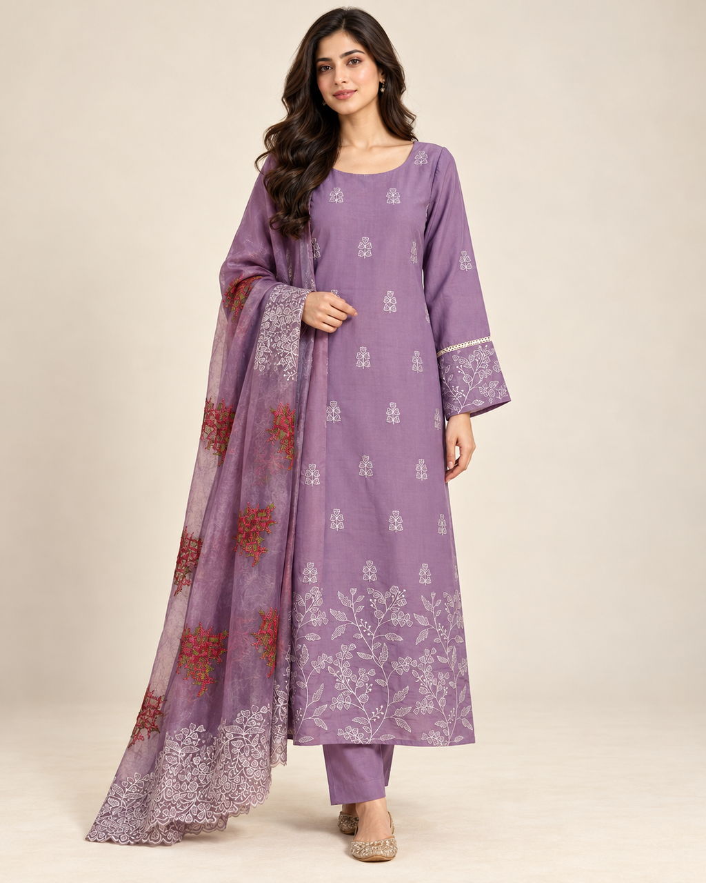 Designer Muslin Suit With Organza Dupatta