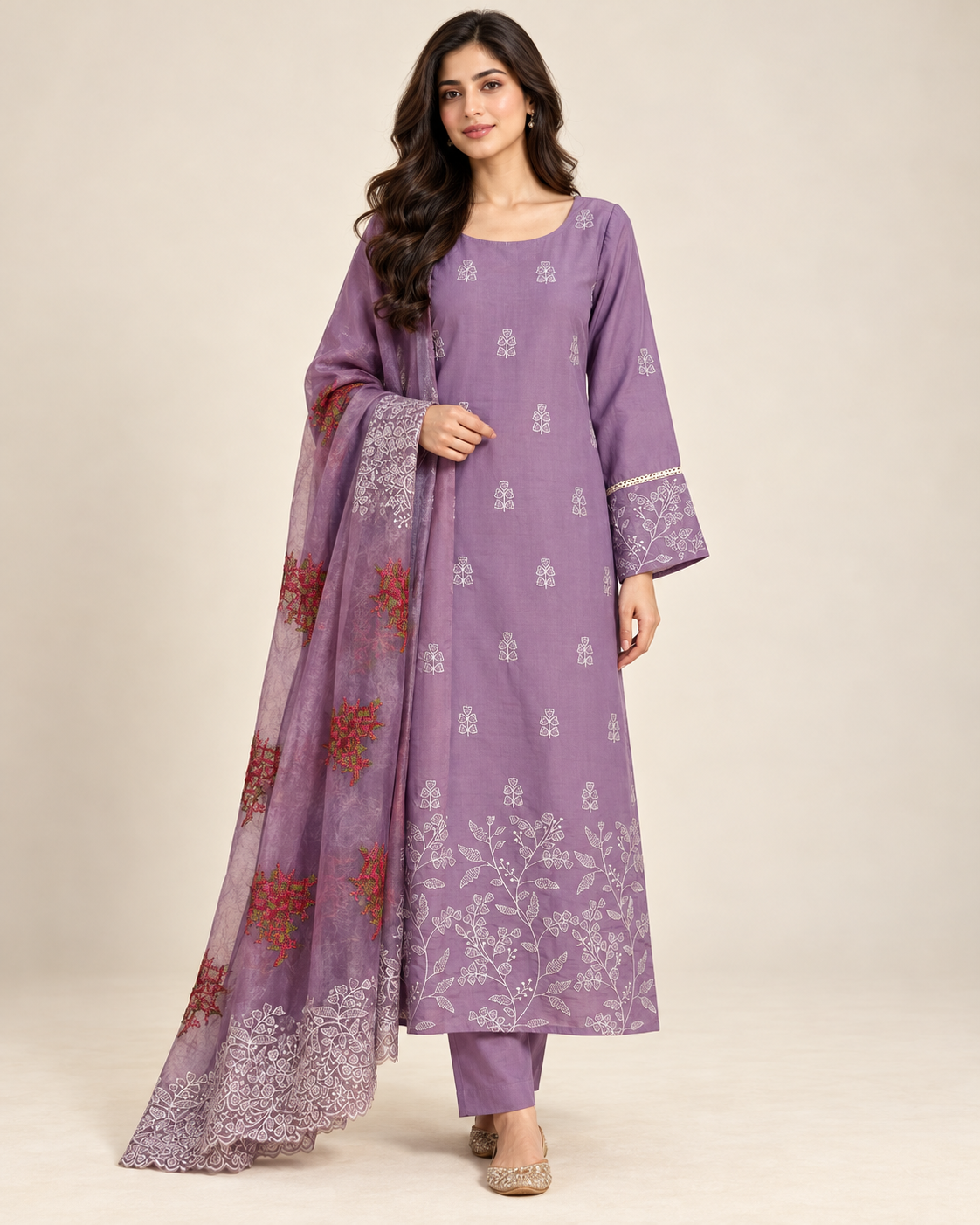 Designer Muslin Suit With Organza Dupatta