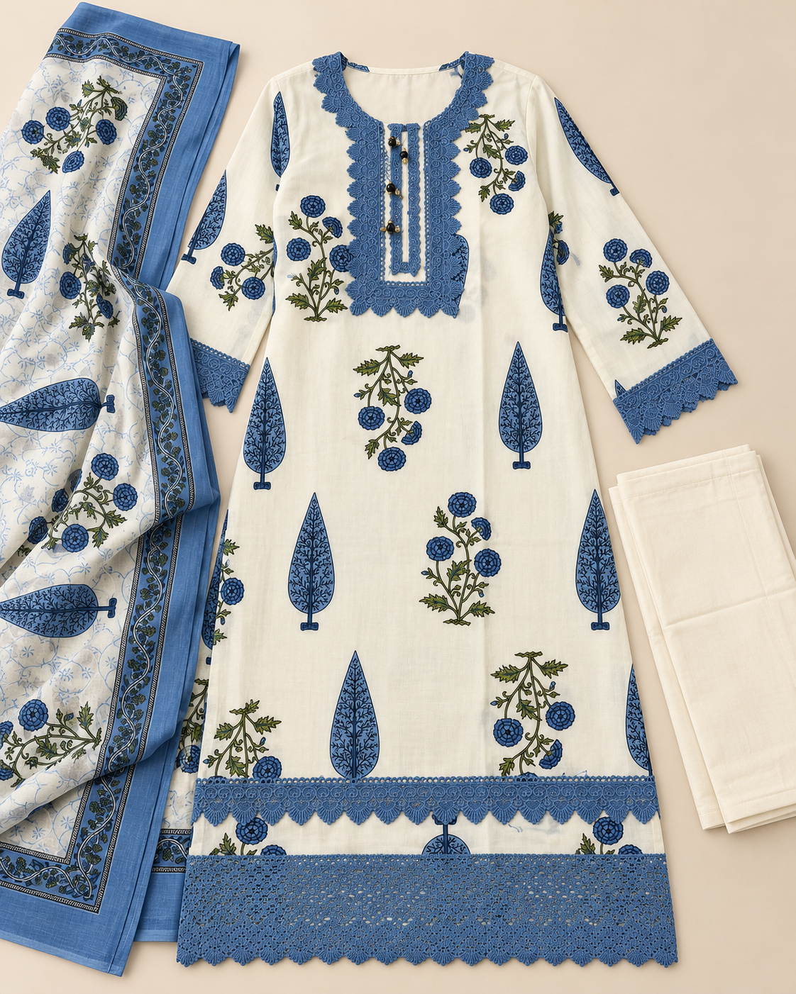 Pure Cotton 3 piece suit with Lace work