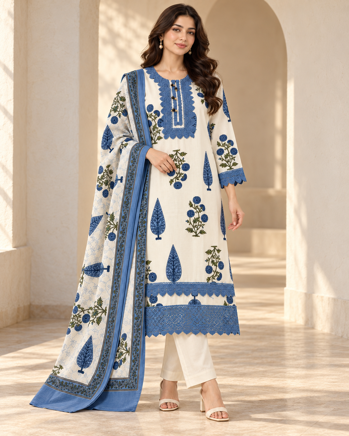 Pure Cotton 3 piece suit with Lace work