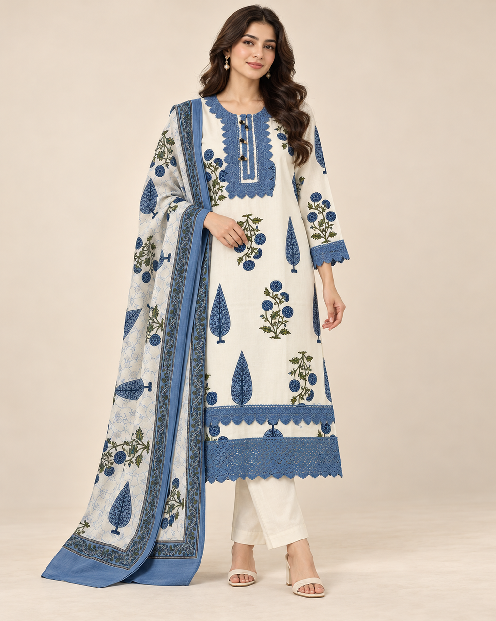 Pure Cotton 3 piece suit with Lace work
