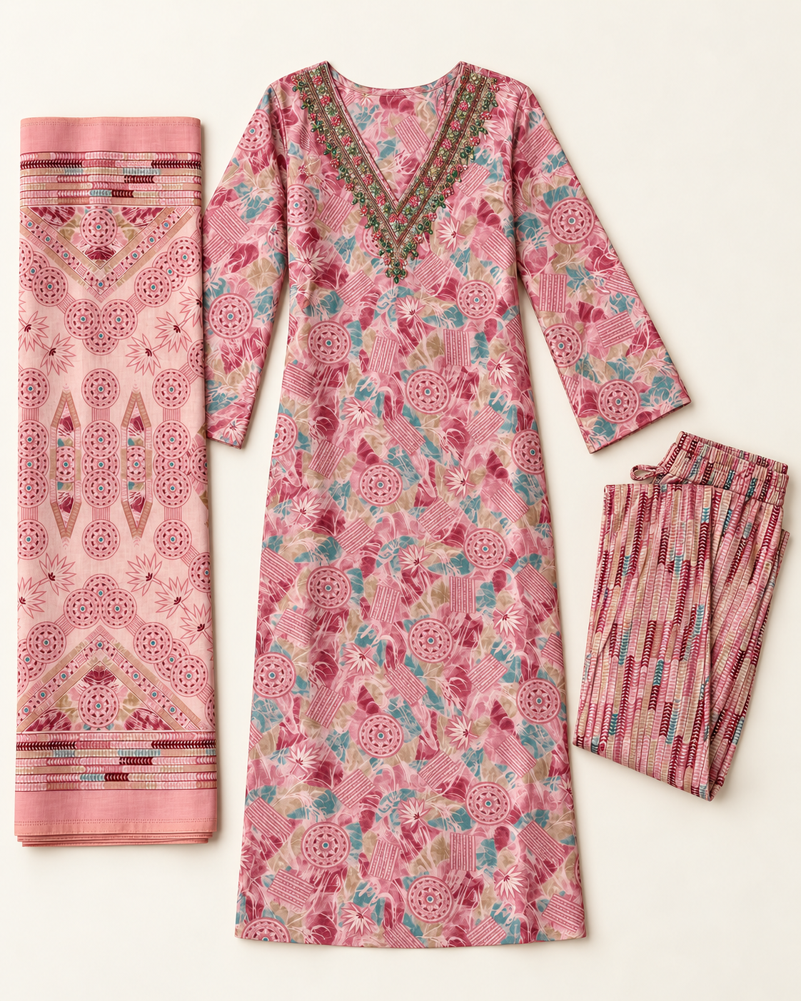 Pure Muslin Suit With HandWork on Neck