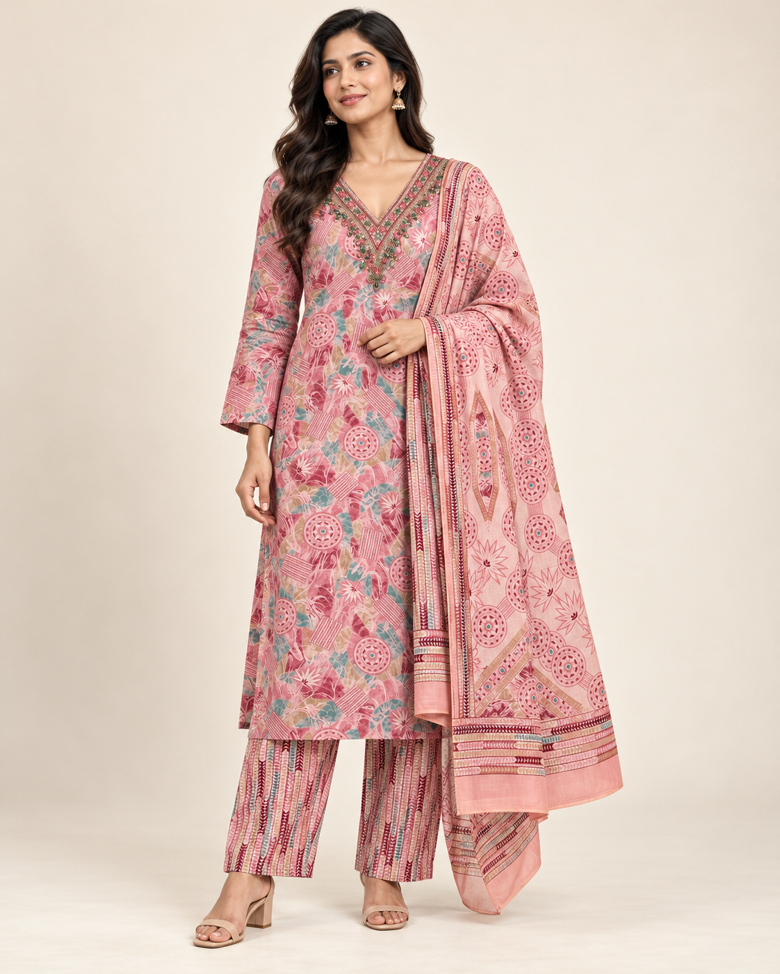 Pure Muslin Suit With HandWork on Neck
