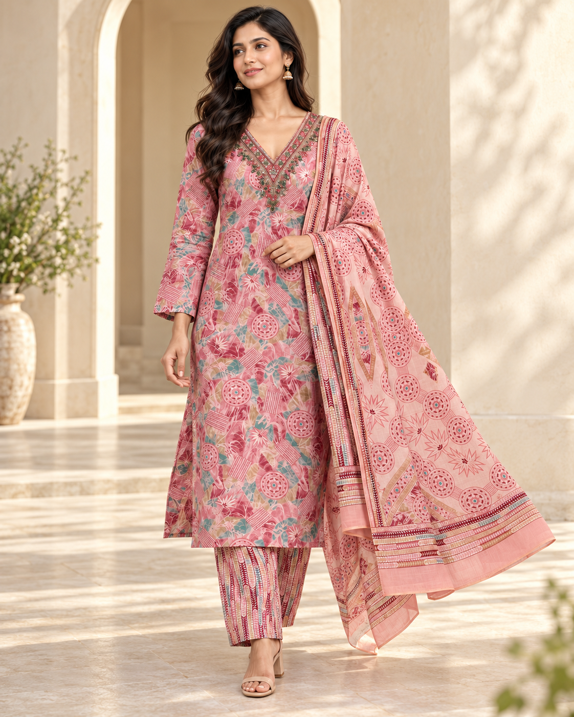 Pure Muslin Suit With HandWork on Neck