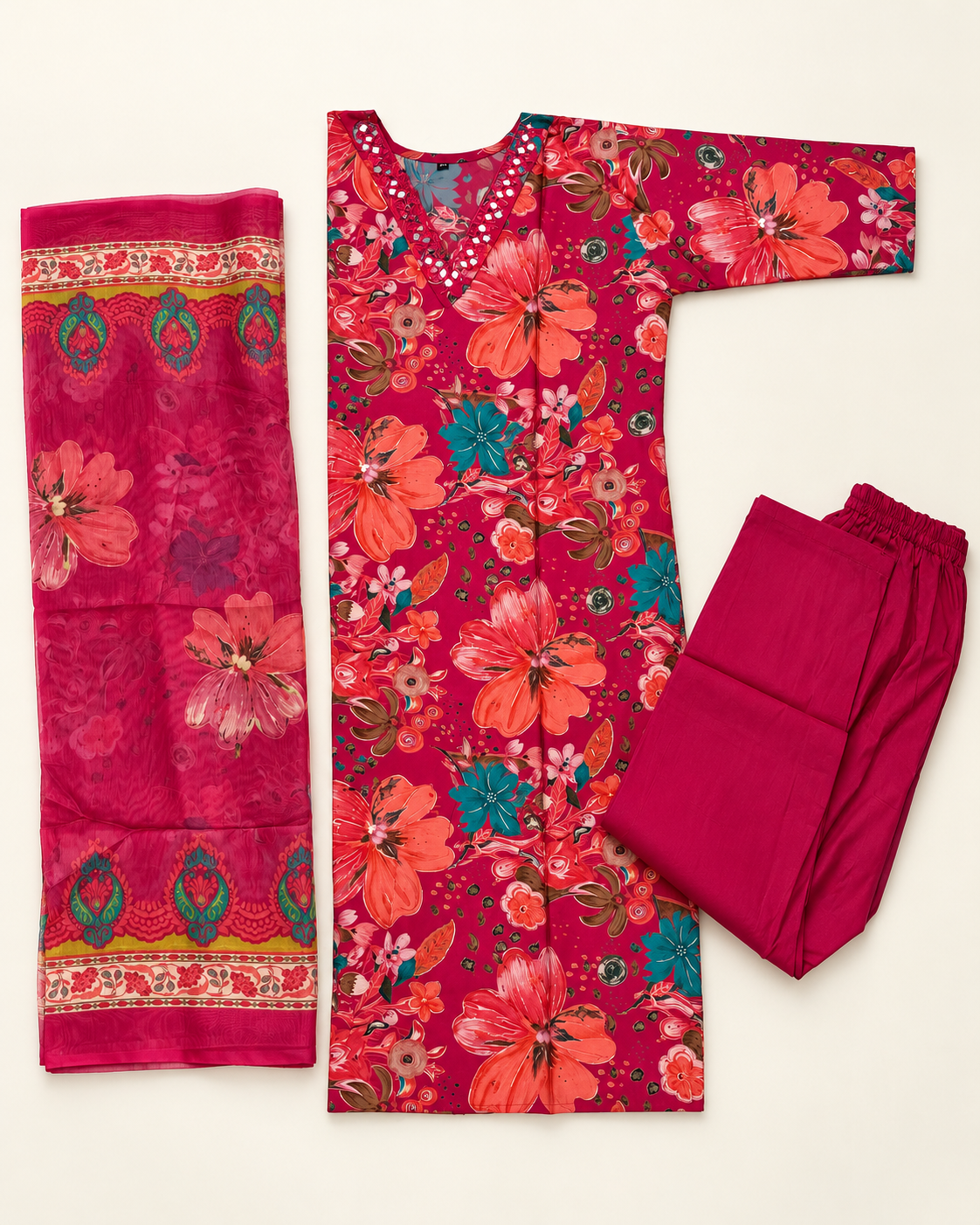 Pure Muslin 3 piece Suit with long Dupatta