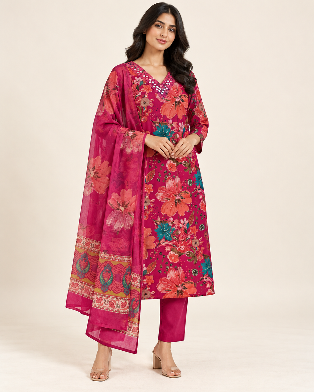 Pure Muslin 3 piece Suit with long Dupatta