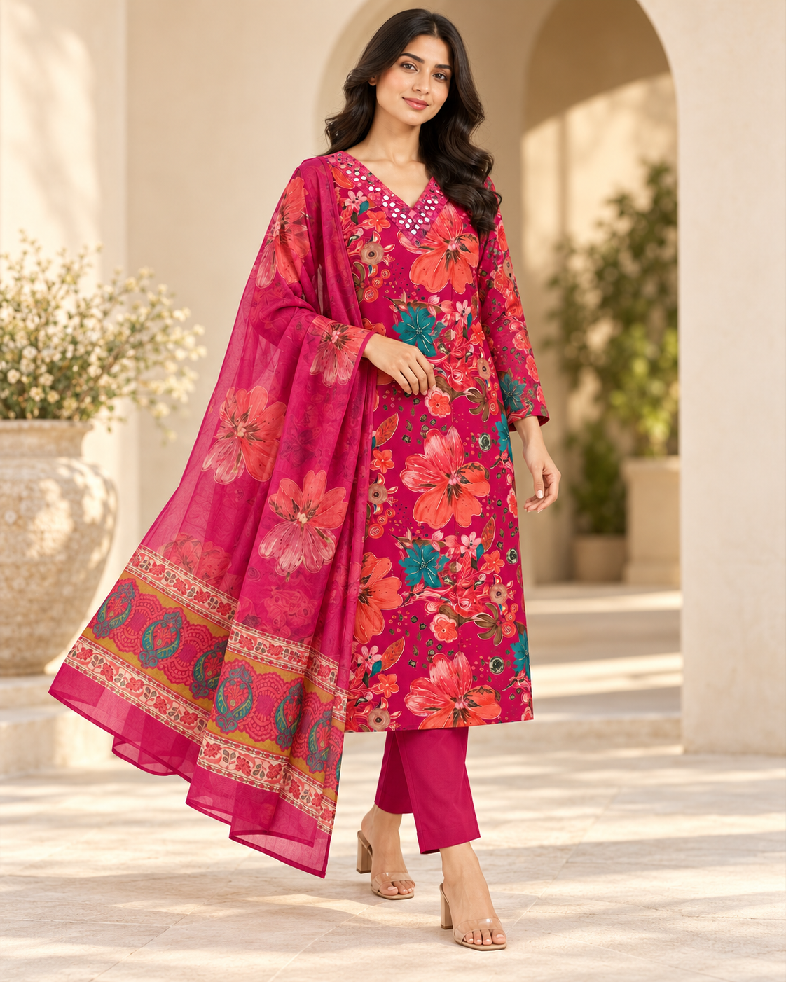 Pure Muslin 3 piece Suit with long Dupatta
