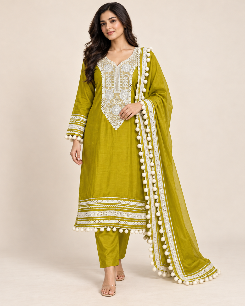 Heavy designer Vatican Silk Suit with Pom Pom Work