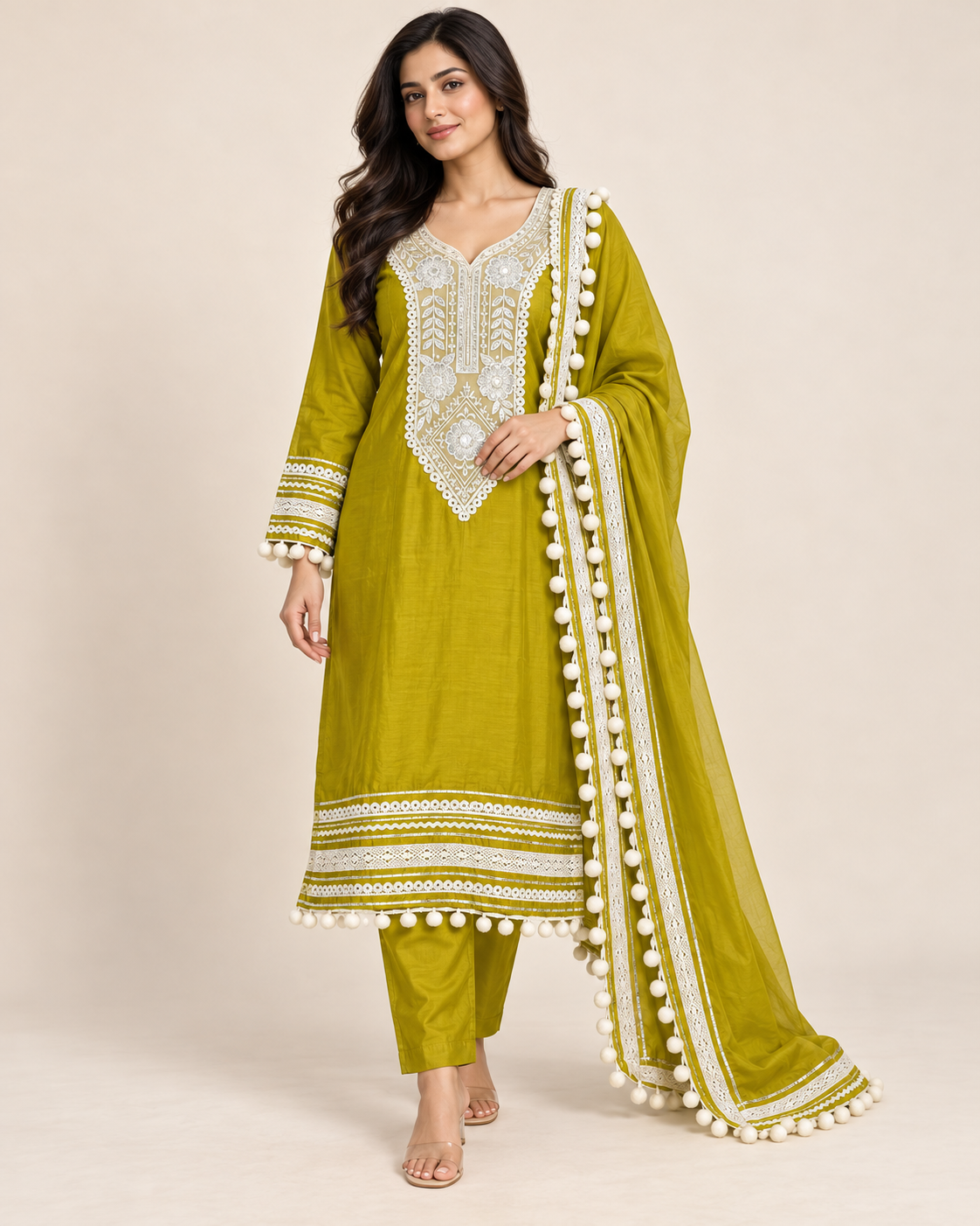 Heavy designer Vatican Silk Suit with Pom Pom Work