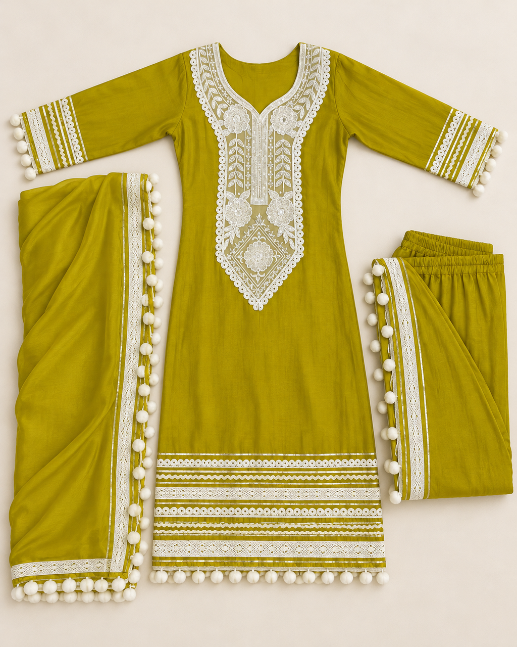Heavy designer Vatican Silk Suit with Pom Pom Work