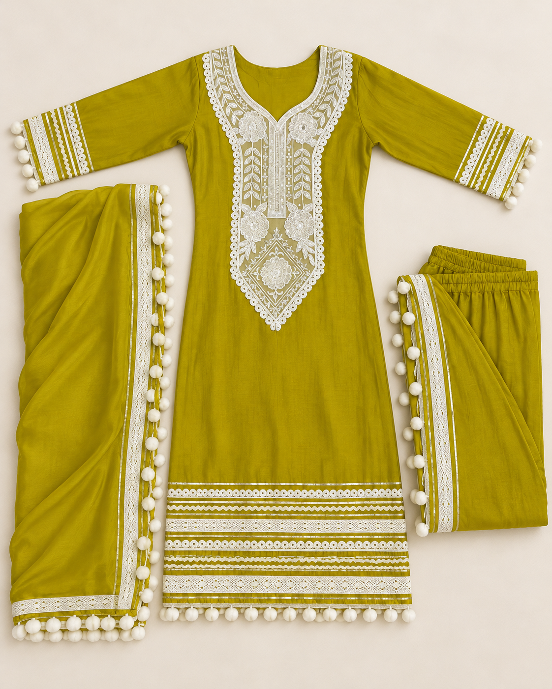 Heavy designer Vatican Silk Suit with Pom Pom Work