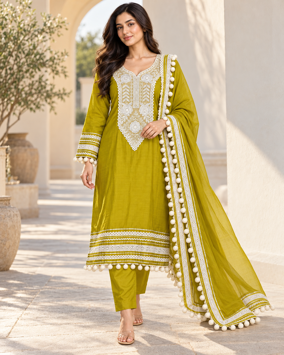 Heavy designer Vatican Silk Suit with Pom Pom Work