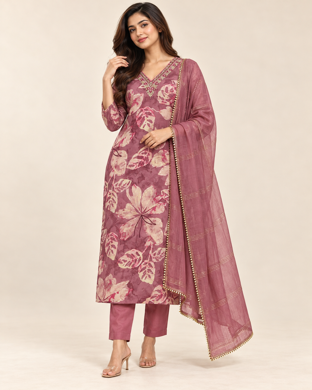 Pure Muslin Suit with work on Neck