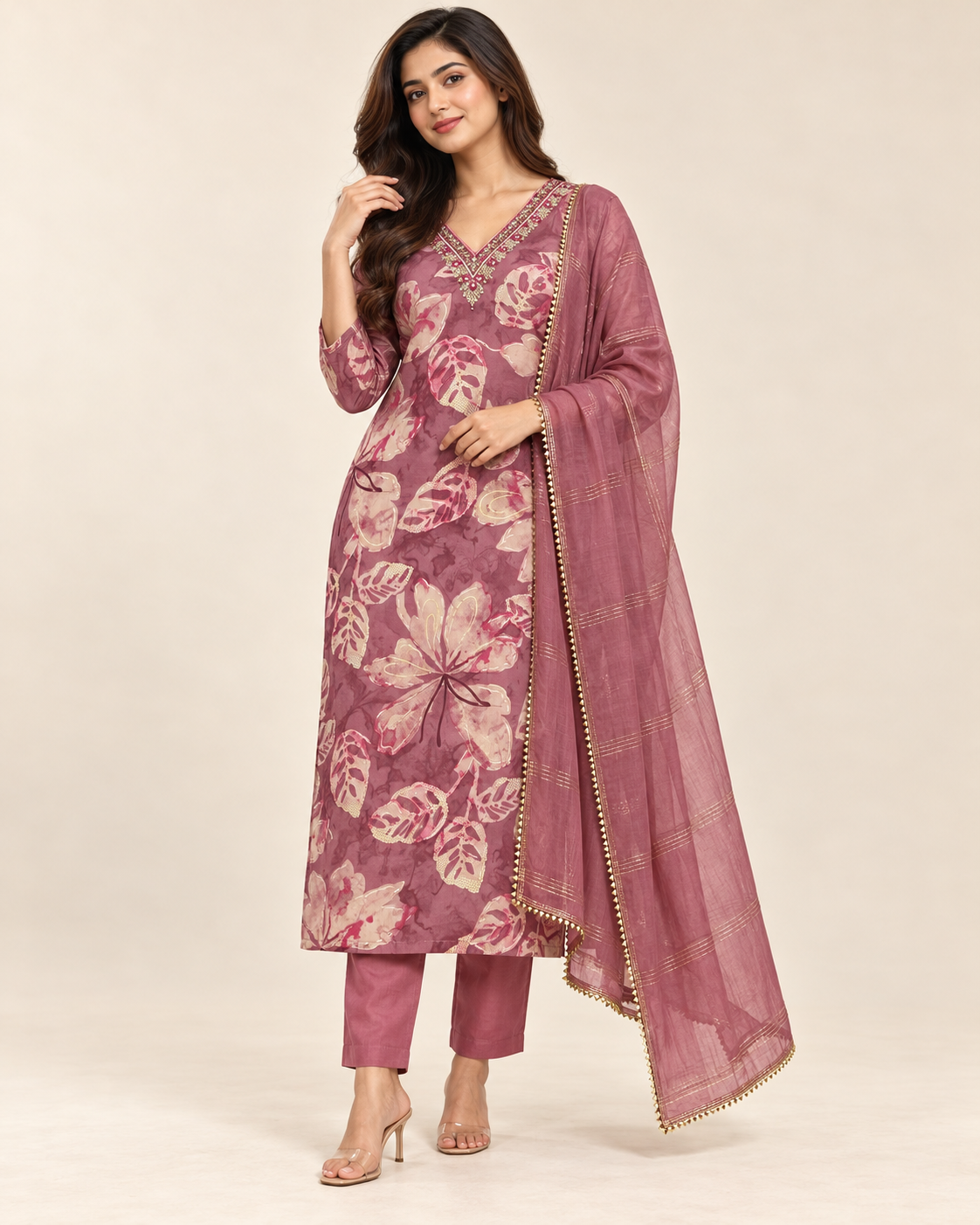 Pure Muslin Suit with work on Neck