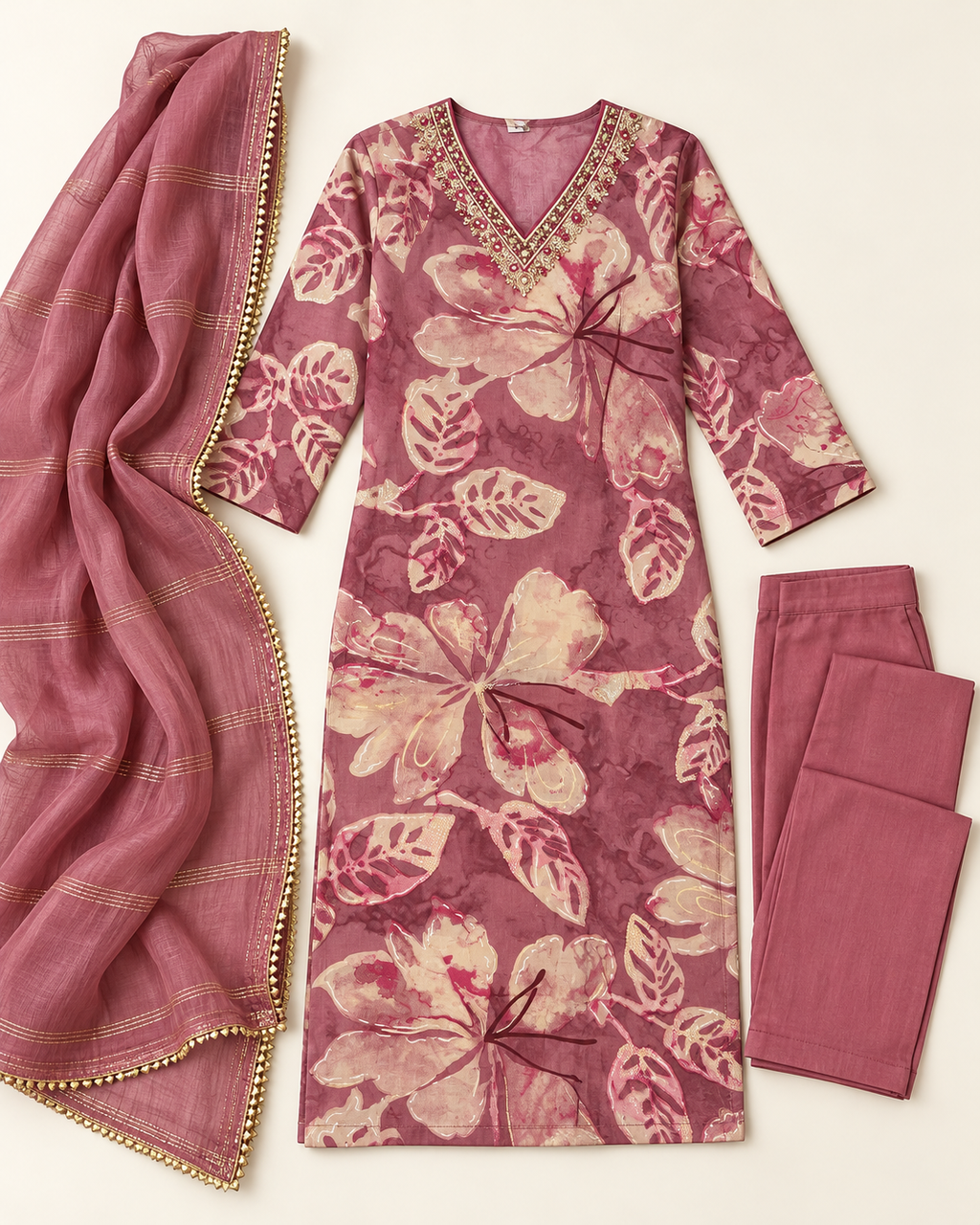 Pure Muslin Suit with work on Neck
